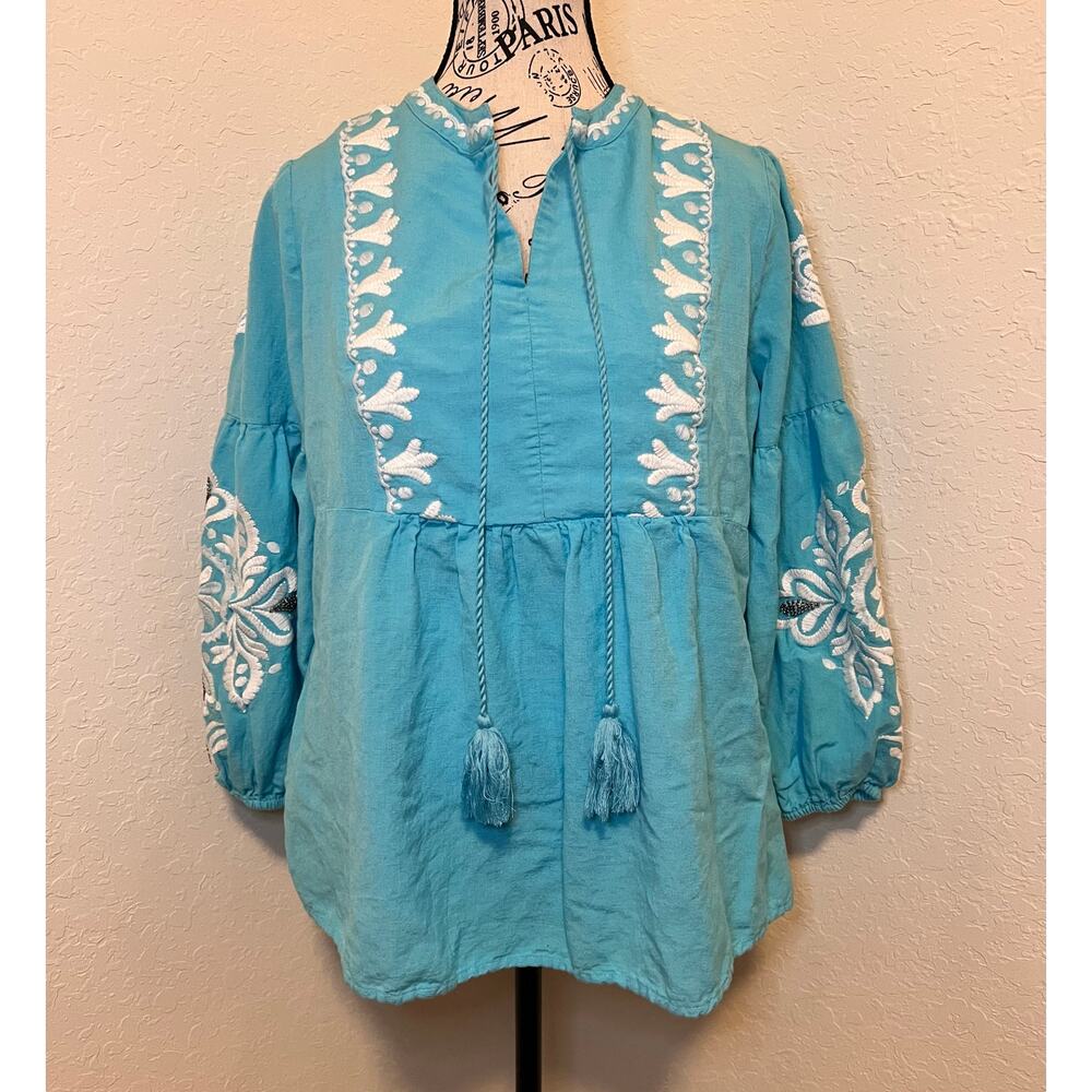 Soft Surroundings Embroidered Blouse Puff Sleeves Beaded Career Spring Casual